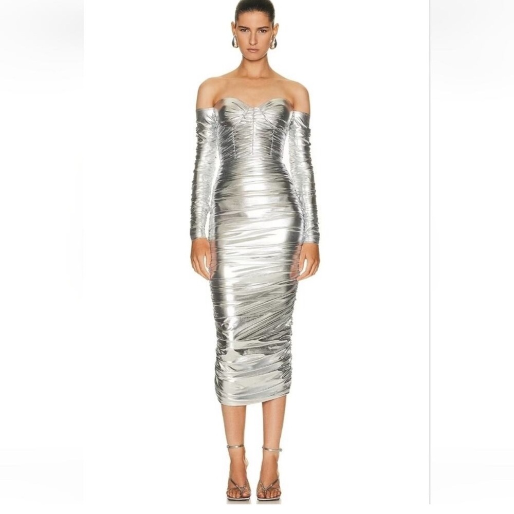 Silver Midi Bodycon Dress with Long Sleeves and Off the Shoulder Neckline